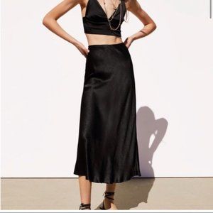Zara Black Satin Midi Slip Skirt